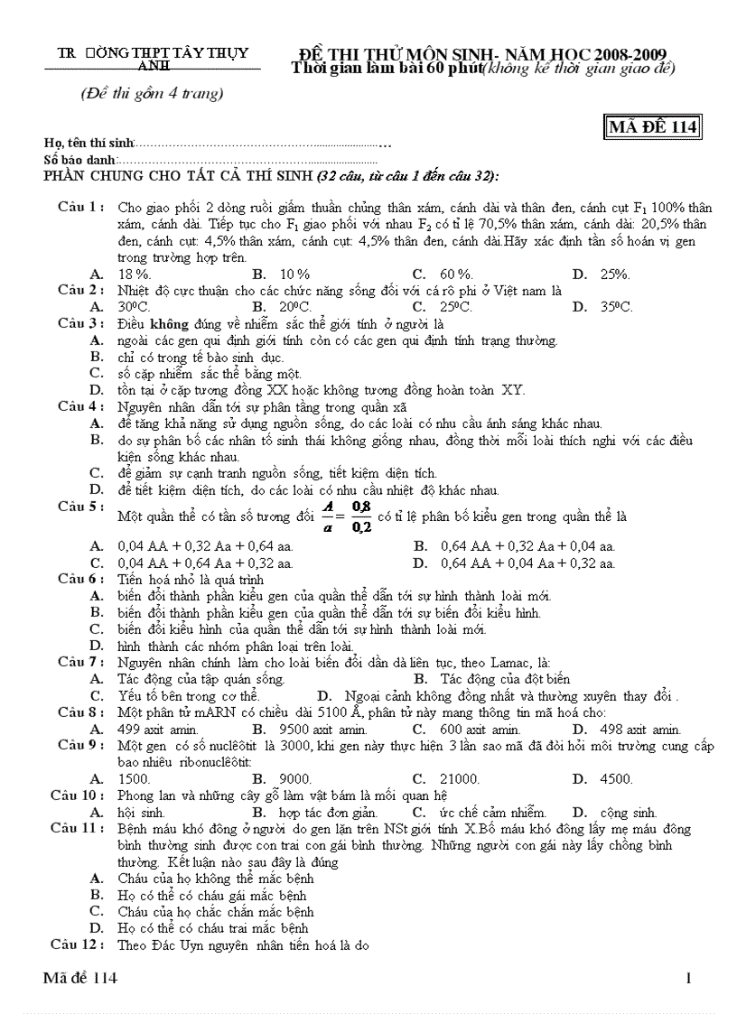 Đề thi thử môn sinh mã 114