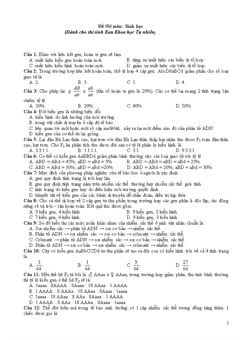 Đề sinh PTTH ban khoa học tự nhiên 1