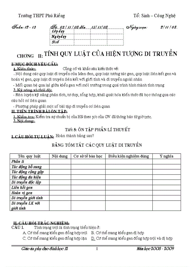 Ôn tập chương II sinh 12 cơ bản