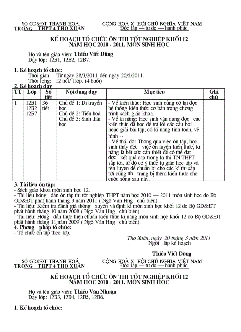 Kế hoạch tổ chức ôn thi tốt nghiệp năm học 2010 2011
