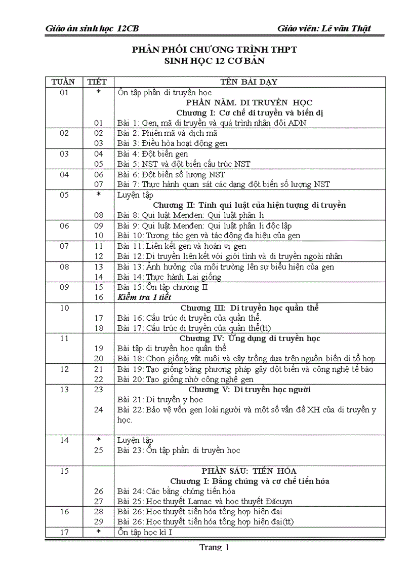 Giáo án Sinh học Lớp 12