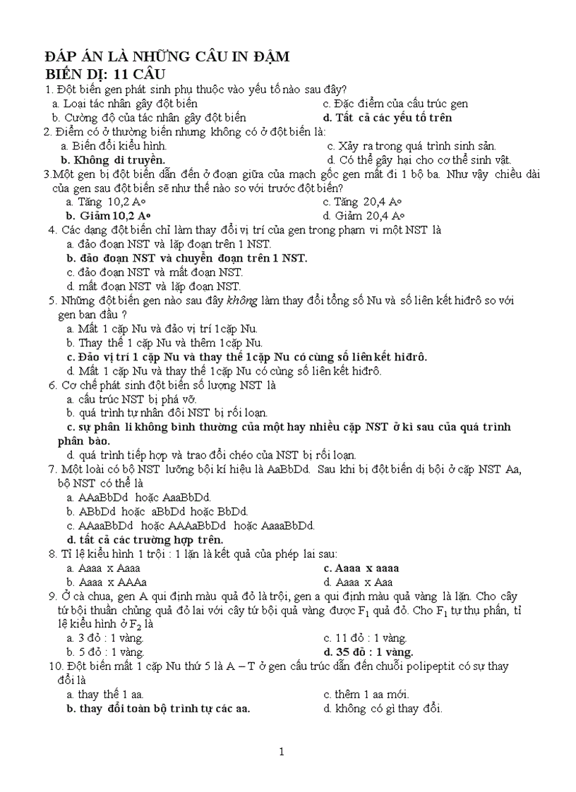 Đề thi thử TN THPT Môn sinh Có đáp án