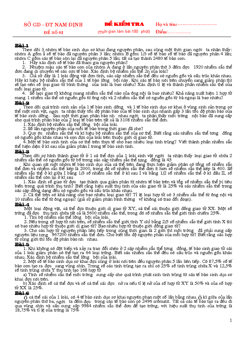 Đề MTCT Sinh 12 số 2