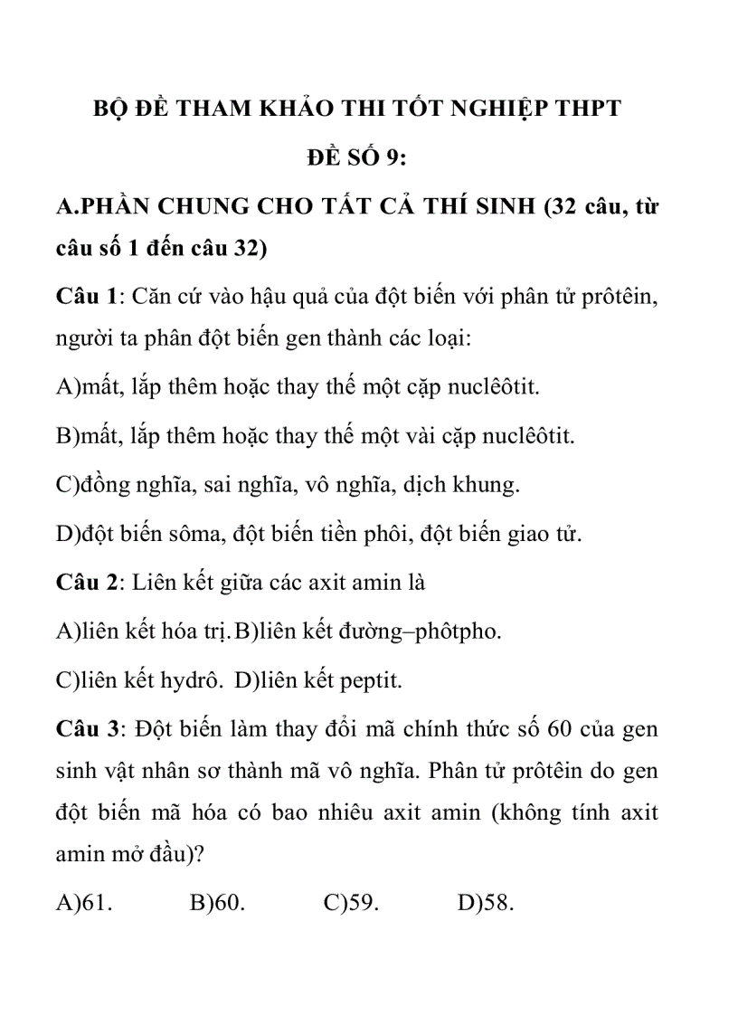 Đề thi tnthpt tham khảo môn sinh đề 9