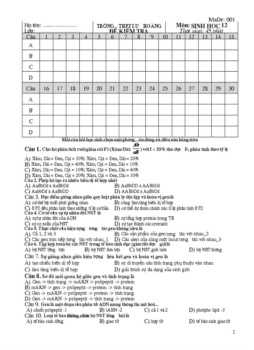 Đề KT SH 12 45p HK 1