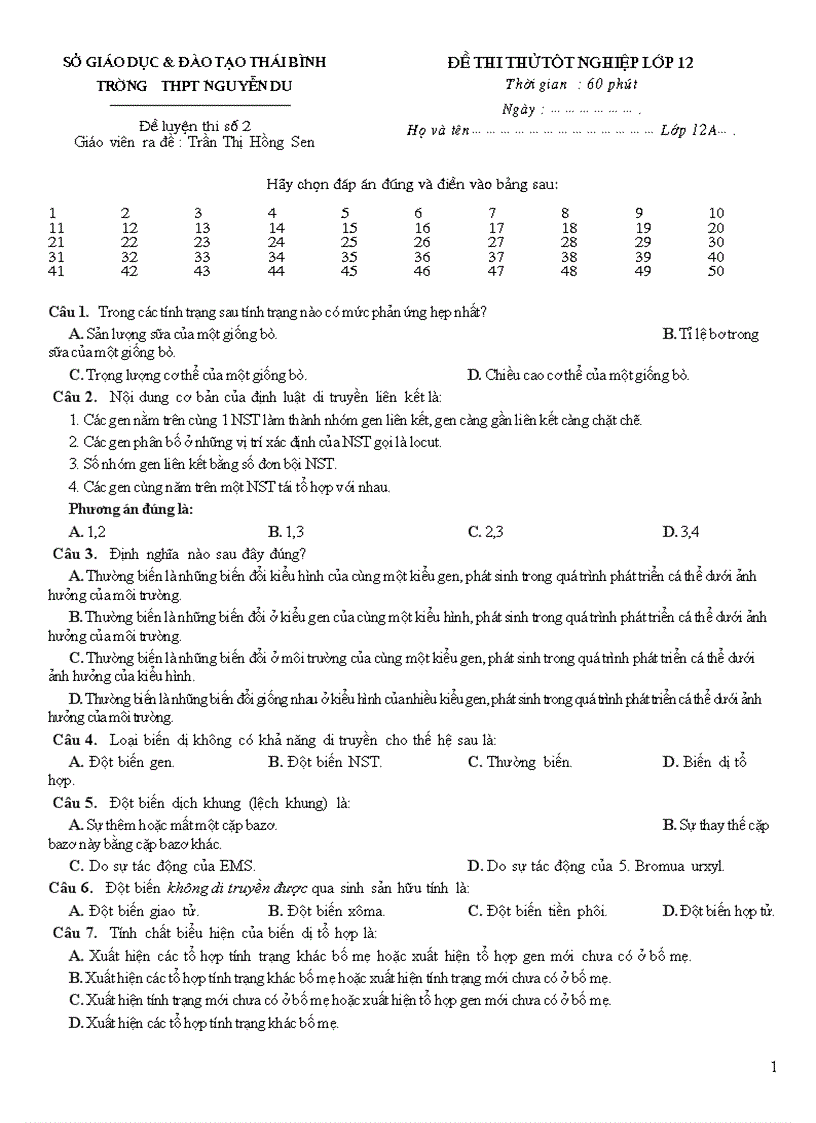 Đề luyện thi tốt nghiệp số 2