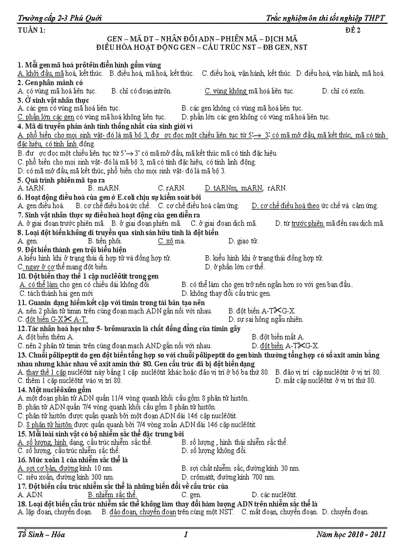 Đề trắc nghiệm sinh 12 biến dị