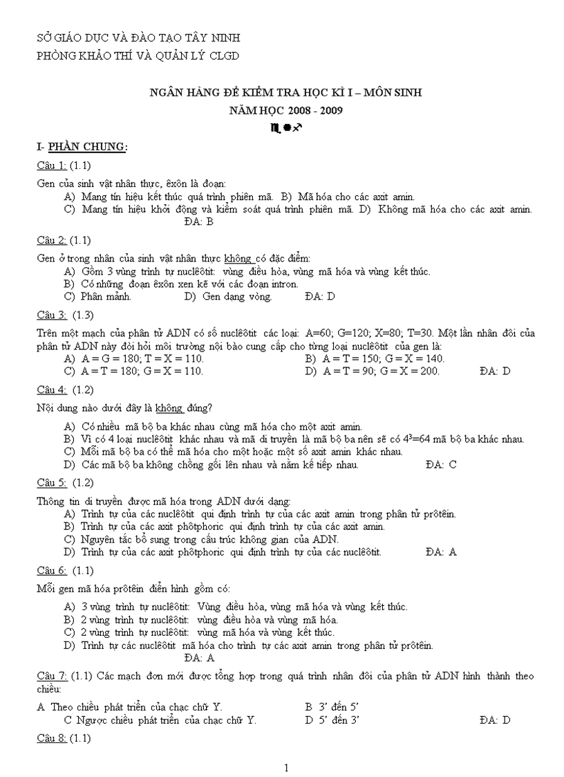Ngân hàng câu hỏi Ôn thi tốt nghiệp Sinh học Học kì I