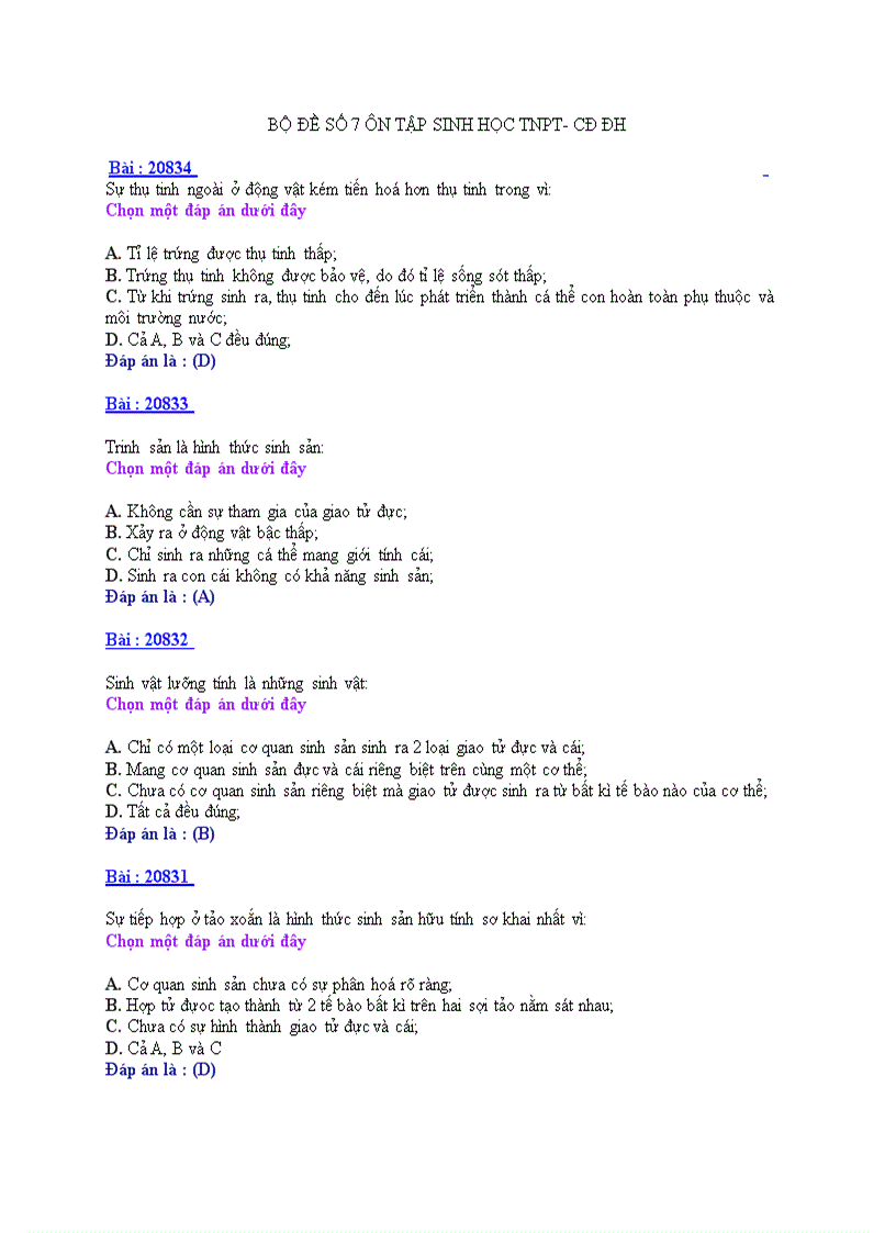 Ôn tập sinh học TNPT CDĐH BỘ ĐỀ 7