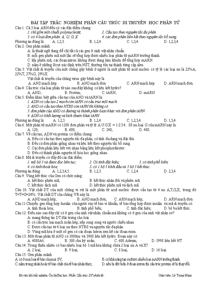 MCQ DT phân tử 12