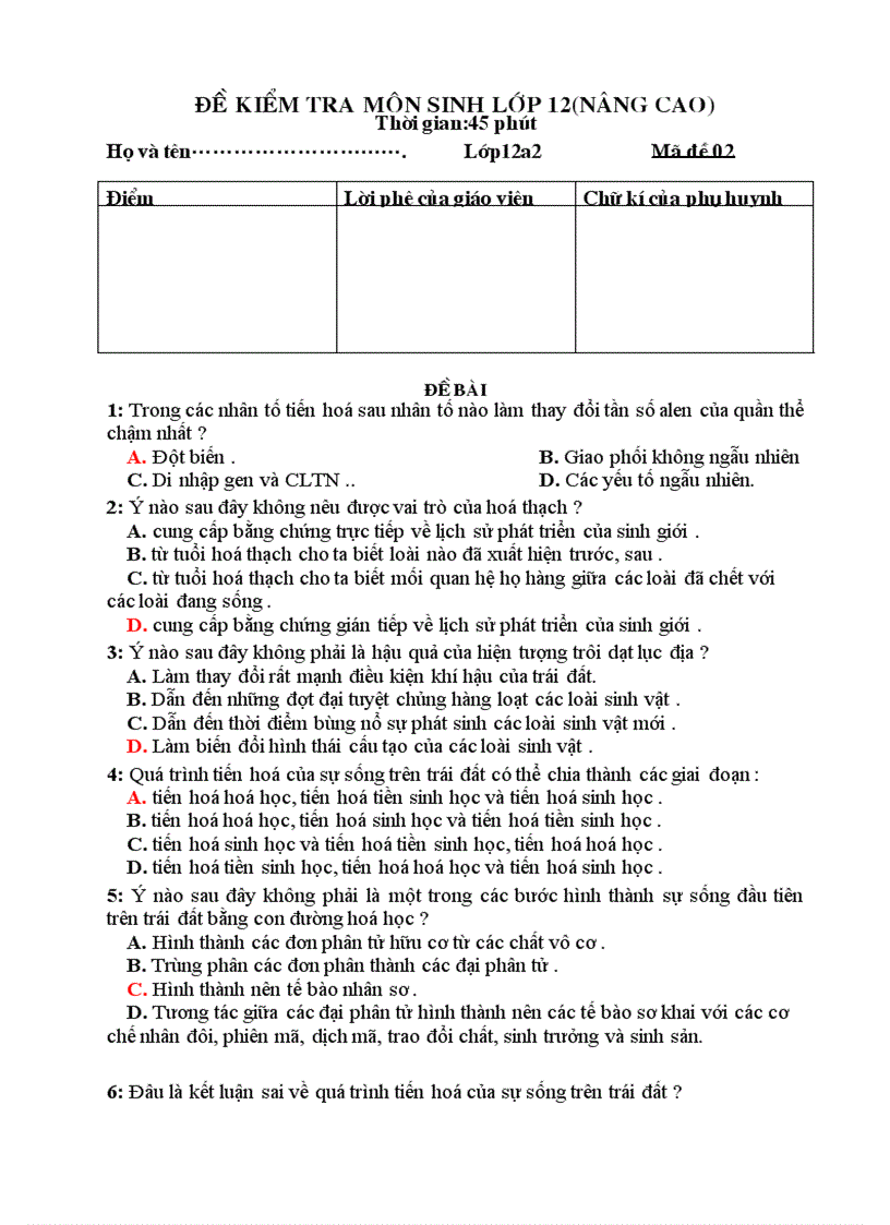 Đề kiểm tra sinh nâng cao 45 phút