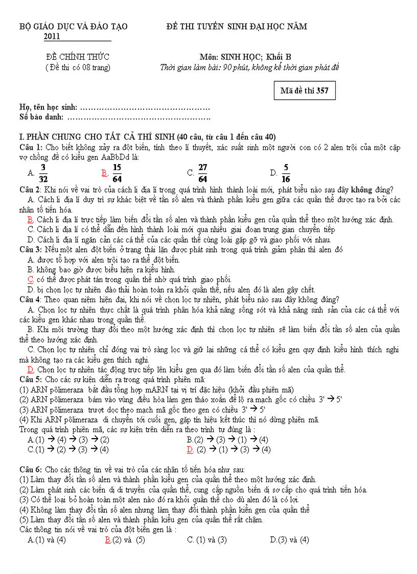 Đề thi ĐH môn Sinh khối B năm 2011 mã 357
