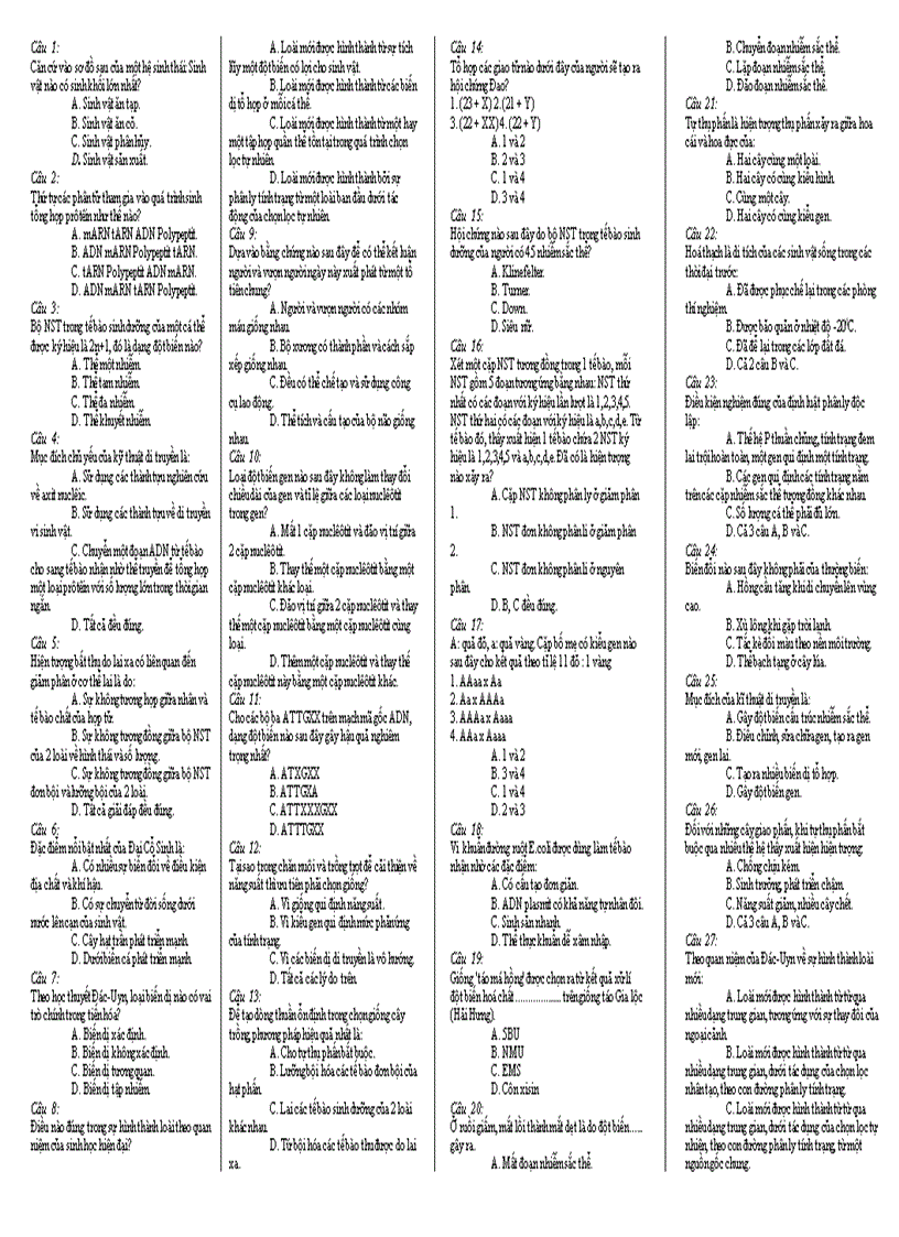 Mot so cau hoi trac nghiem sinh 12