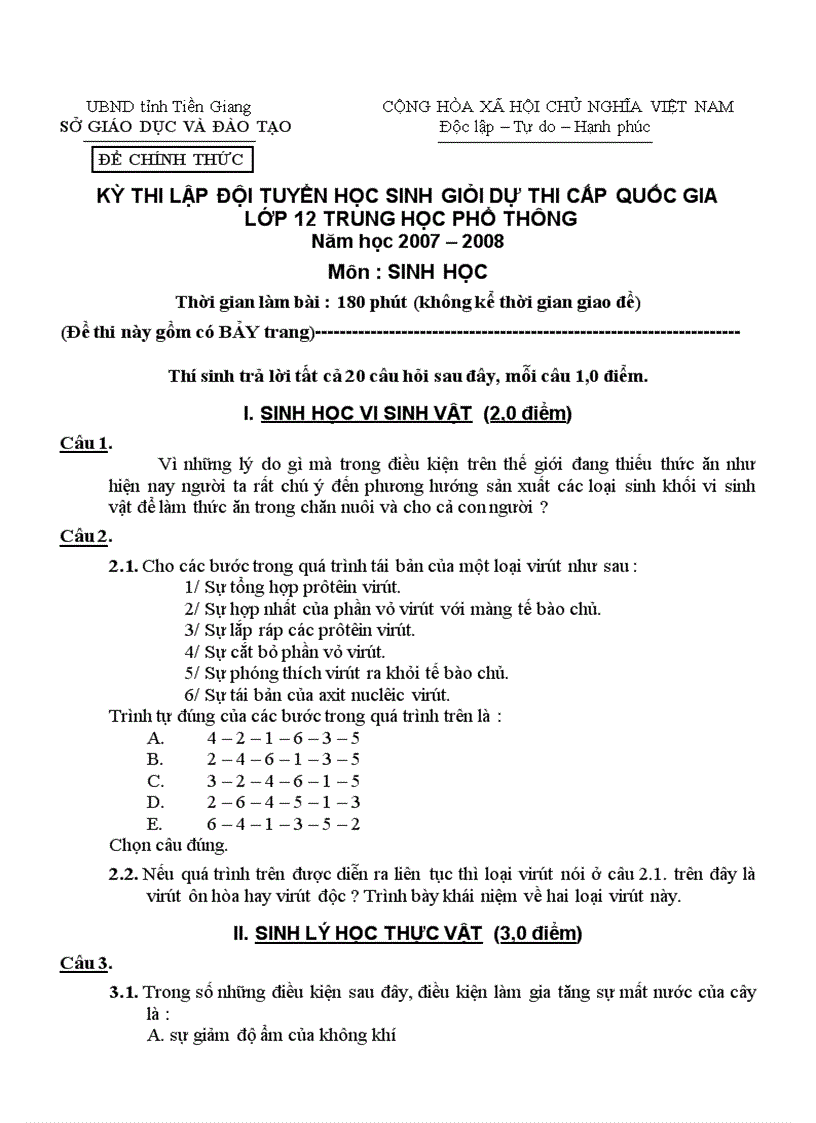 Đề thi đáp án HSG cấp quốc gia lớp 12 THPT môn sinh năm 2008