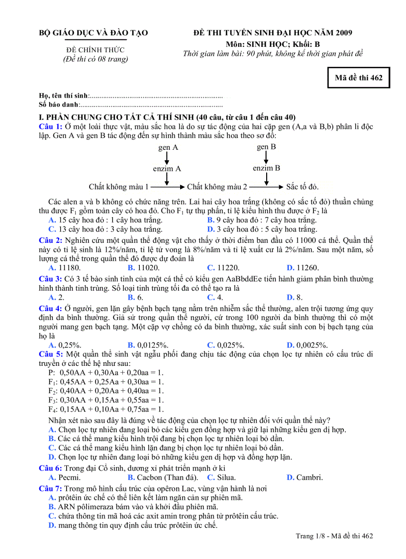 Đề thi đh 2009 mã đề 462
