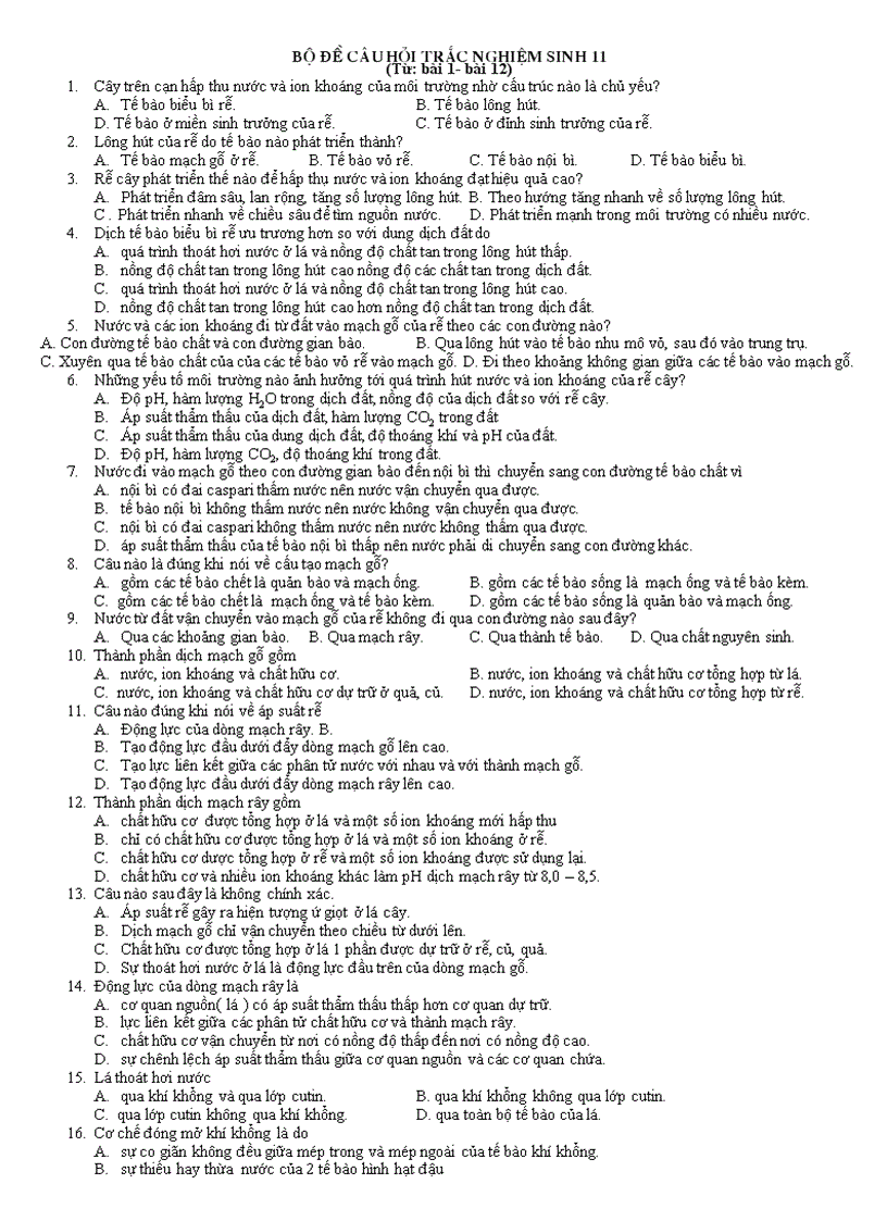 MCQ sinh hoc 11 theo bai