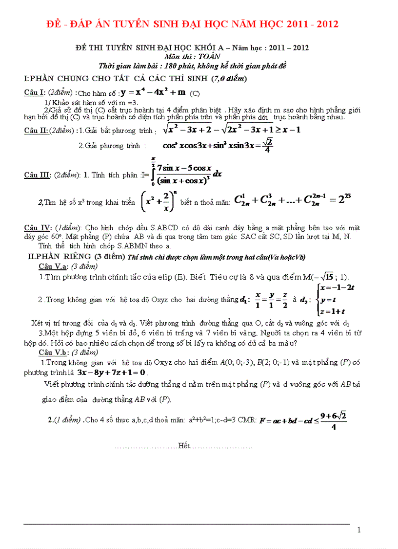 Các đê đa dai hoc mon toan 20112012