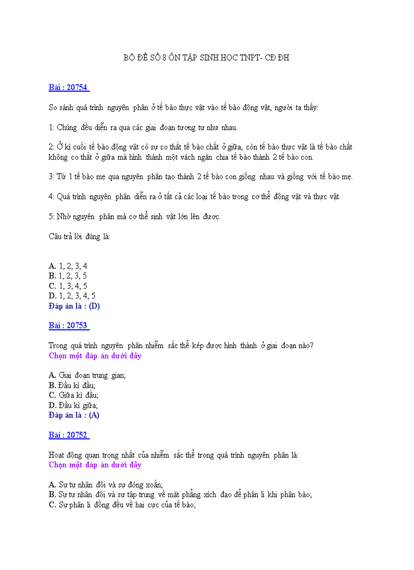 Ôn tập sinh học TNPT CDĐH BỘ ĐỀ 8
