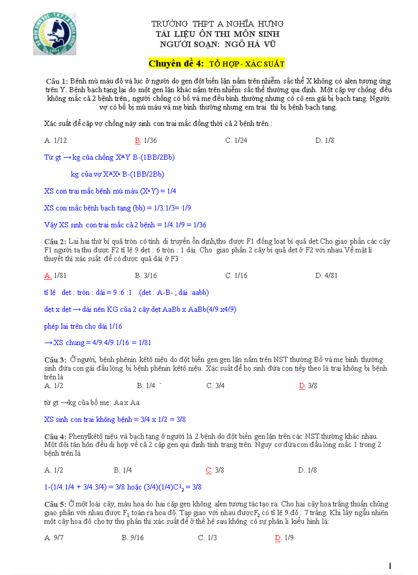 BTSinh chuyên đề 4 Tổ hợp xác suất