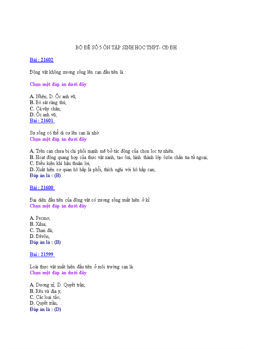 Ôn tập sinh học TNPT CDĐH BỘ ĐỀ 5