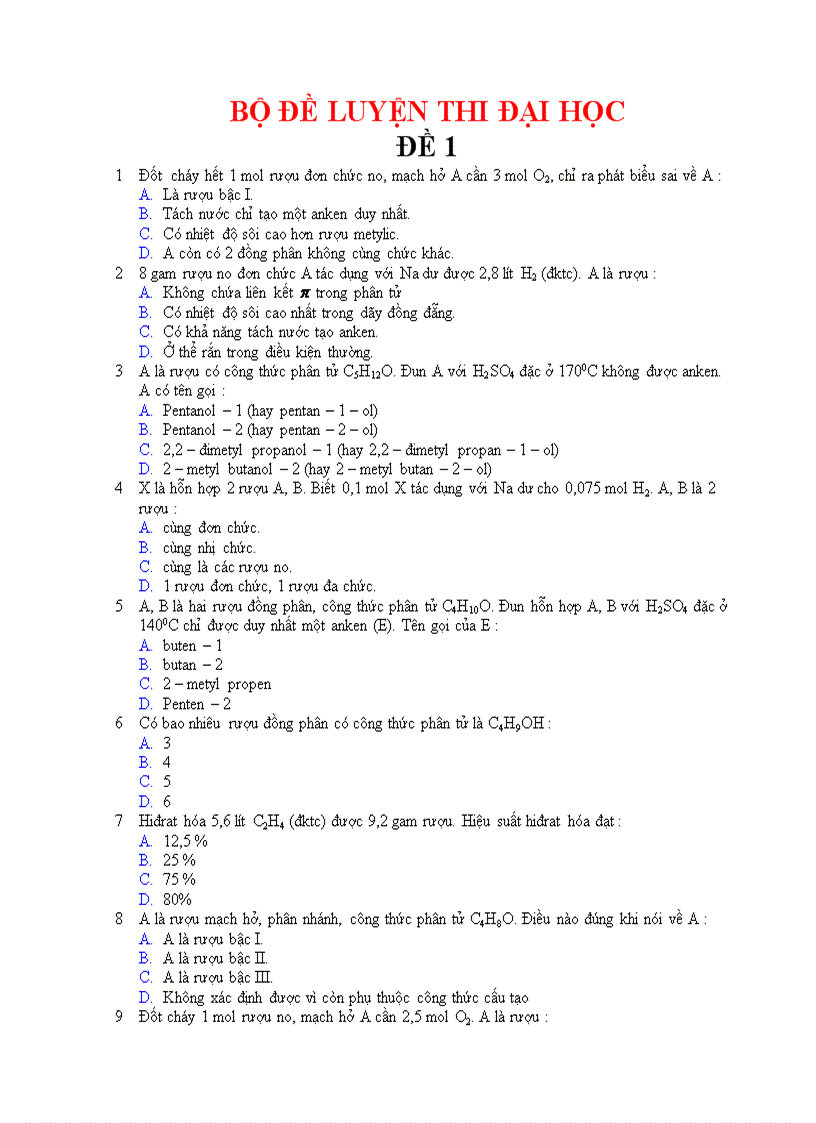 Bộ đề ĐA trắc nghiệm hóa P1