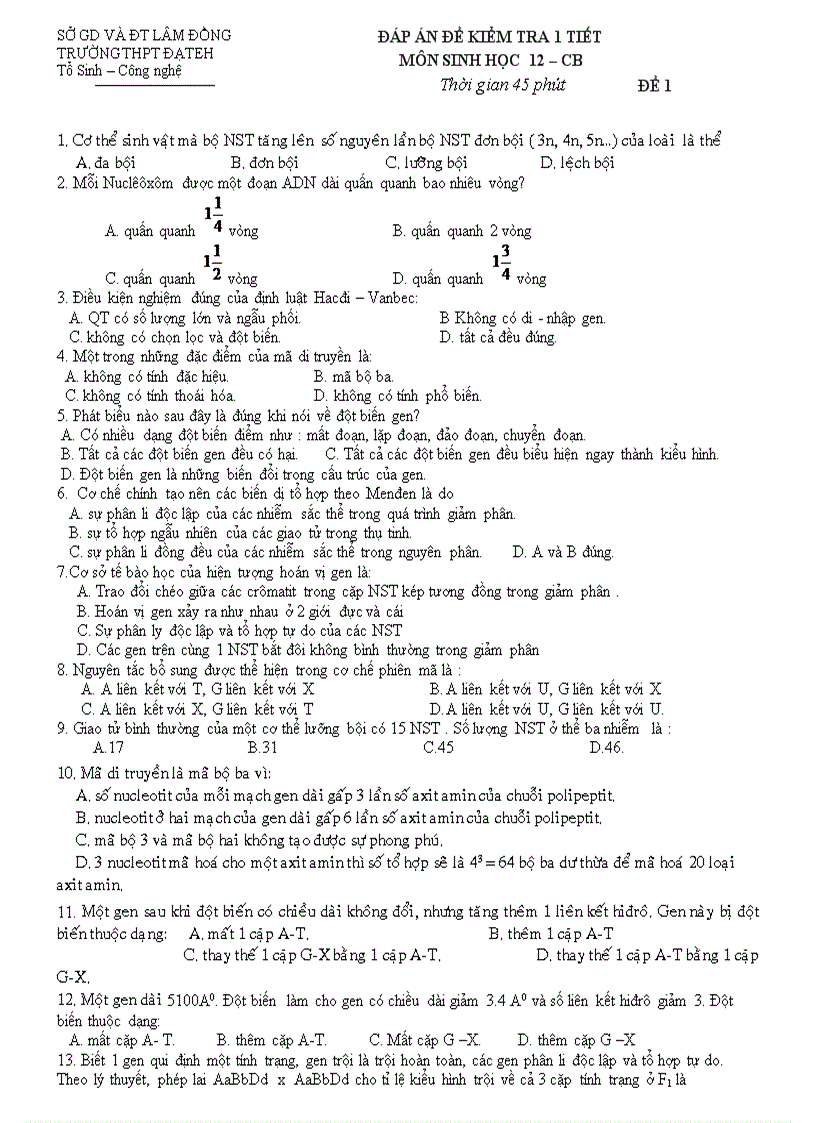 Đề đáp án kiểm tra 1 tiết sinh học 12 theo ma trận