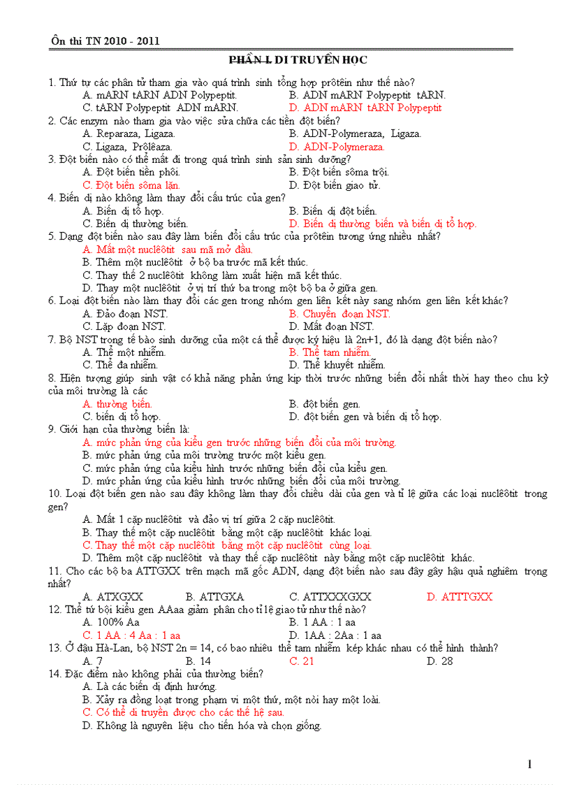 648 cau hoi trac nghiem sinh 12 co dap an