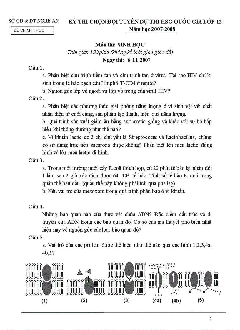 Đề thi chọn học sinh dự tuyển quốc gia năm 2007 2008 tỉnh nghệ an vòng 1