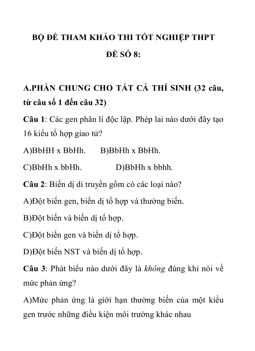 Đề thi tnthpt tham khảo môn sinh đề 8