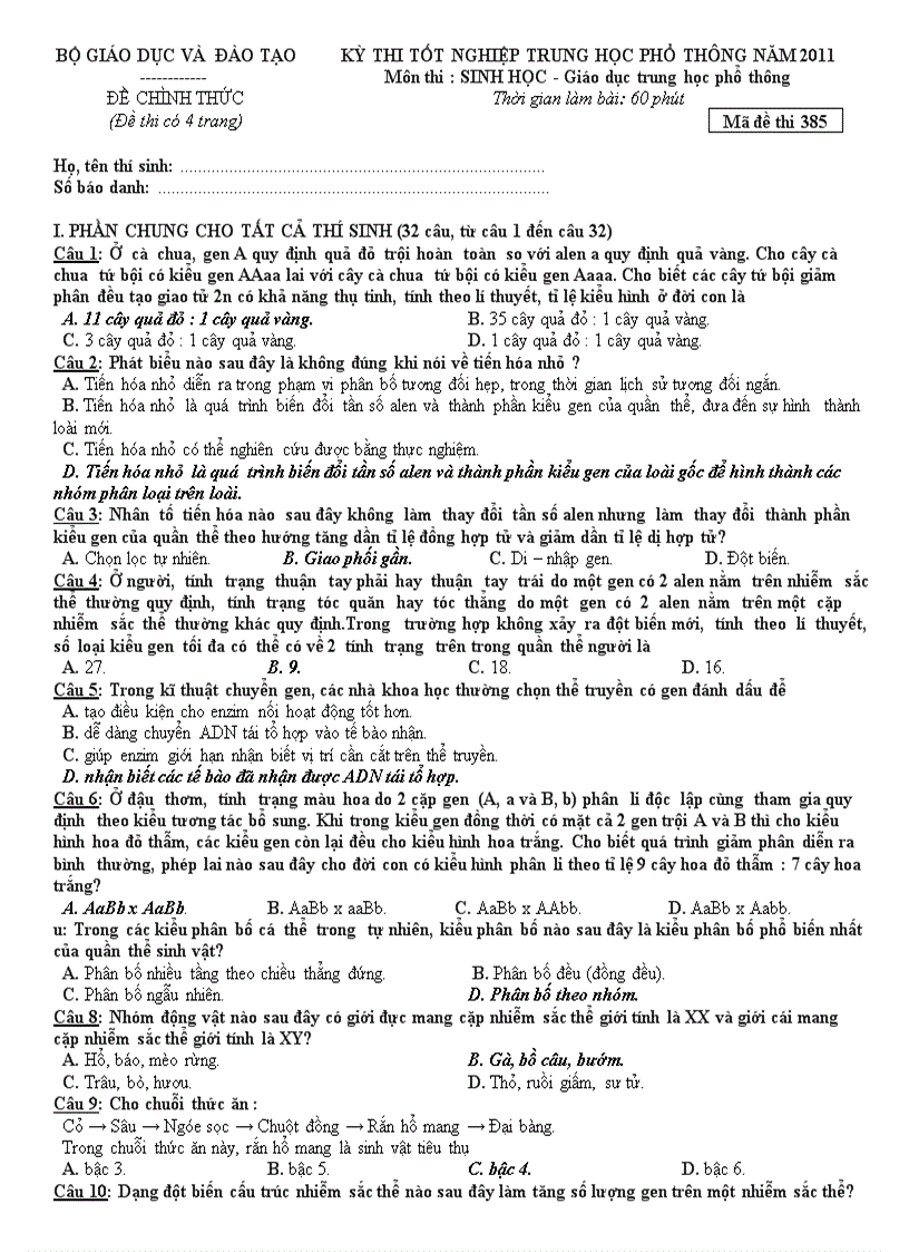 Đề thi TN Môn Sinh Và Đáp an Mã 385 Năm 2011
