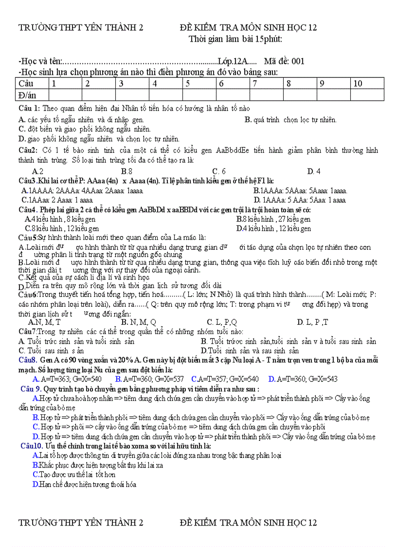 Đề kiểm tra môn sinh học 12
