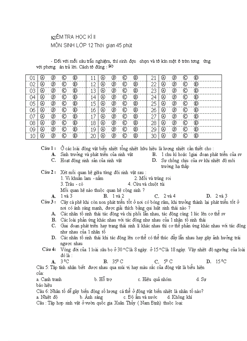 Kiểm tra sinh 12 ki2