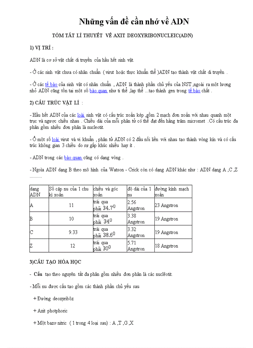 Ôn thi TN Những vấn đề cần nhớ về ADN