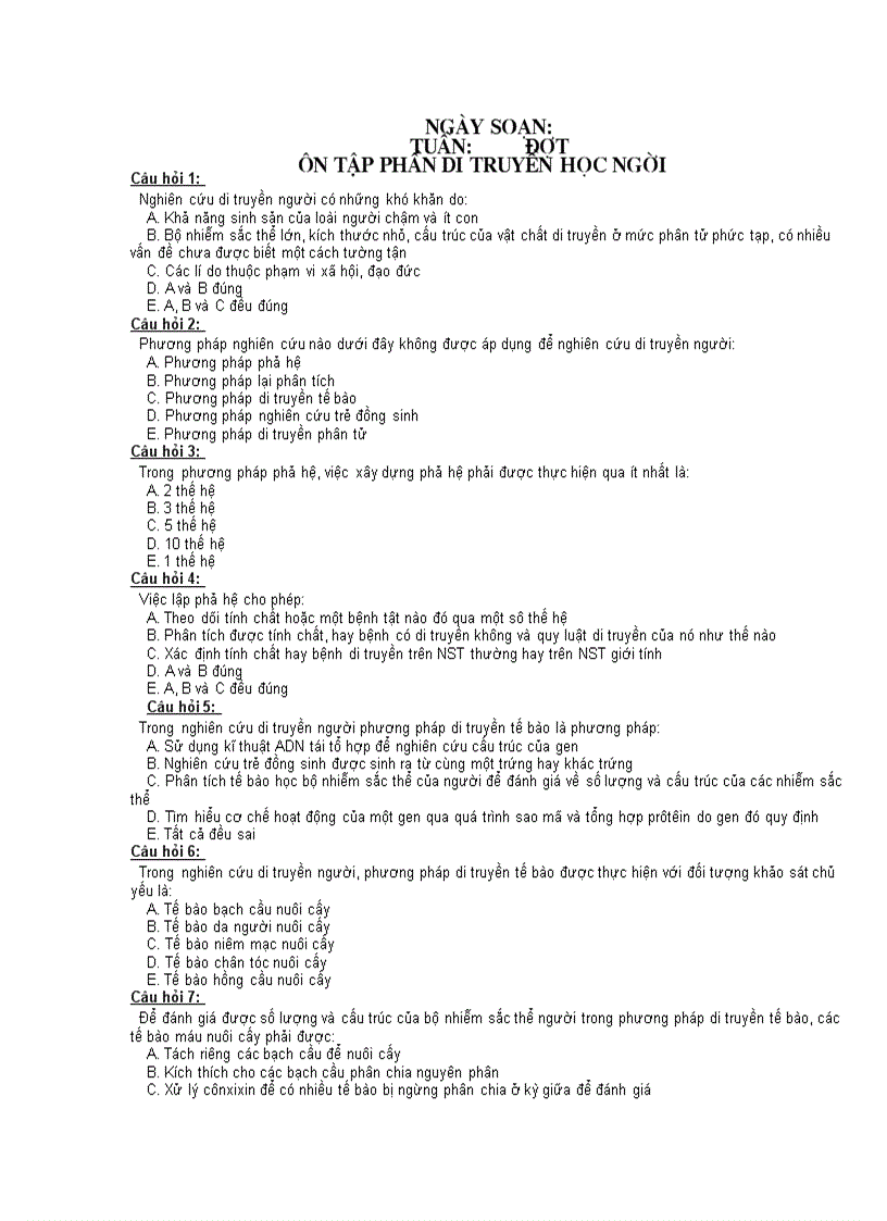 Cau hoi trac nghiem on tot nghiep va tưyen sinh phan di truyen hoc nguoi