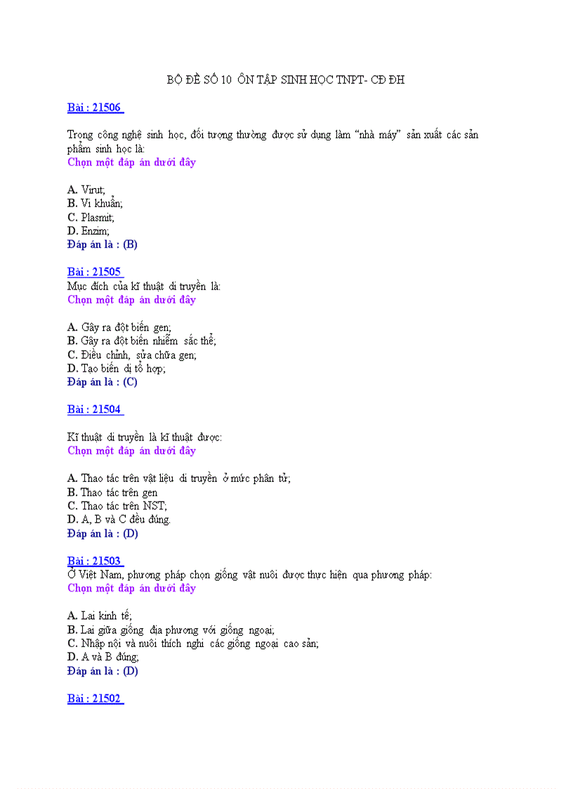Ôn tập sinh học TNPT CDĐH BỘ ĐỀ 10