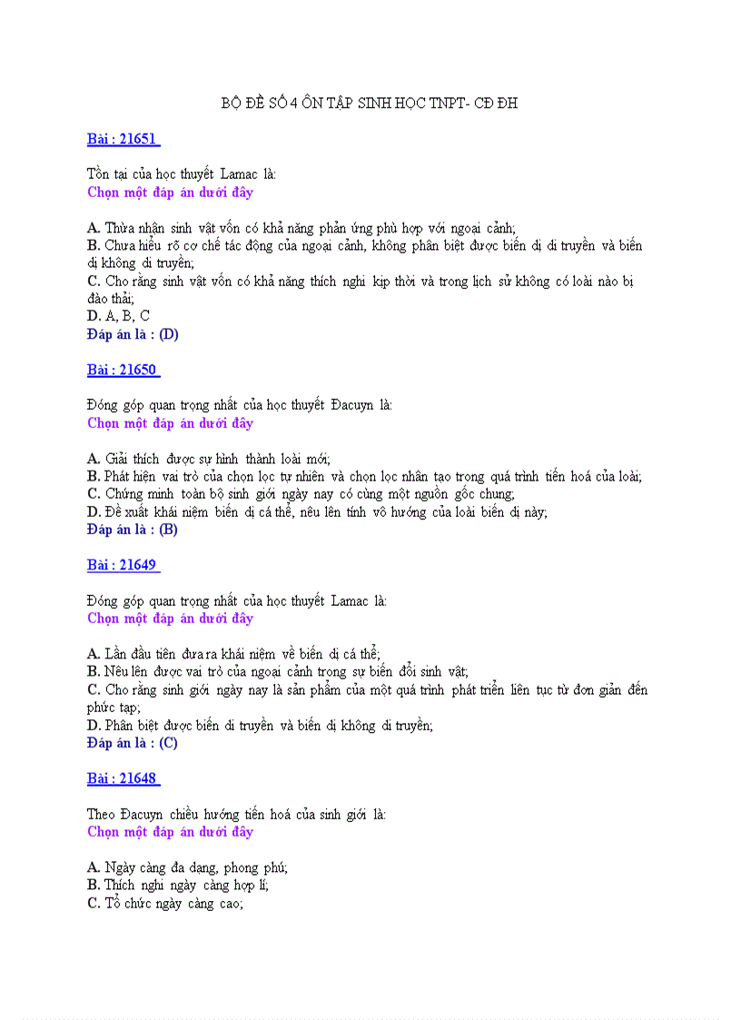 Ôn tập sinh học TNPT CDĐH BỘ ĐỀ 4