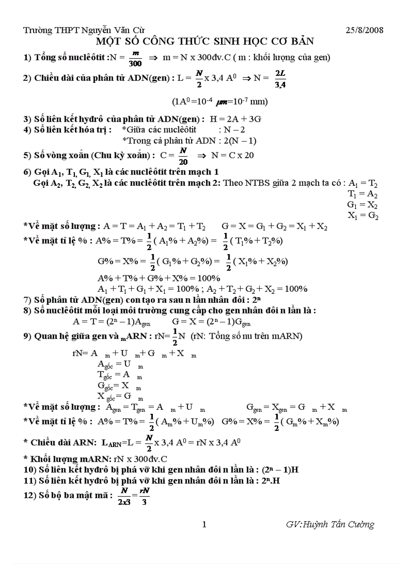 Một số công thức sinh học cơ bản