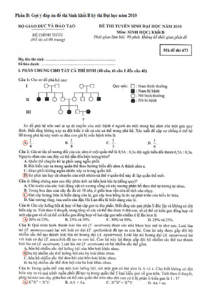 Đề đáp án sinh b 2010 473