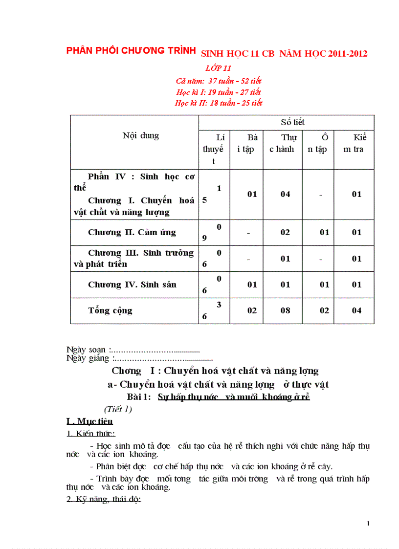 Giáo án sinh hoc 11 cả năm CB chuẩn KTKN