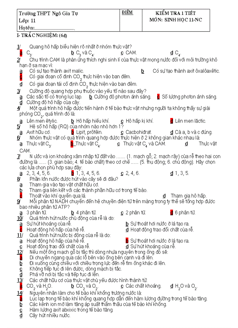 Kiểm tra 1tiêt sh 11 nc