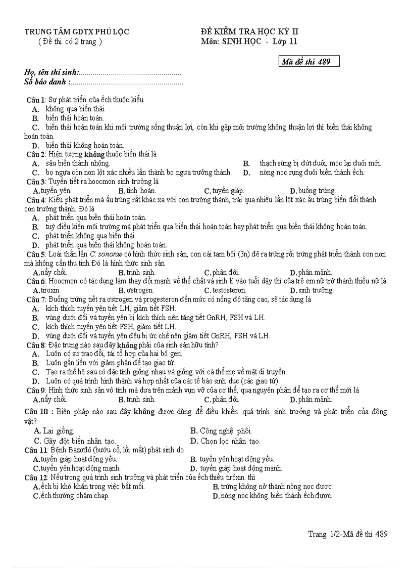 Kiểm tra Học Kì II Môn Sinh hoc 11