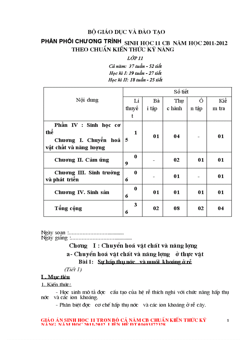 Giáo án sinh học 11 cả năm chuẩn KTKN mới