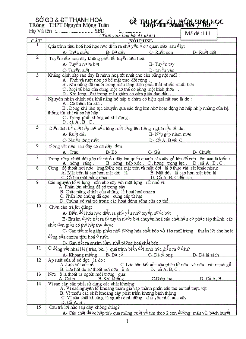 Đề KT học kì I môn sinh 11 ban cơ bản