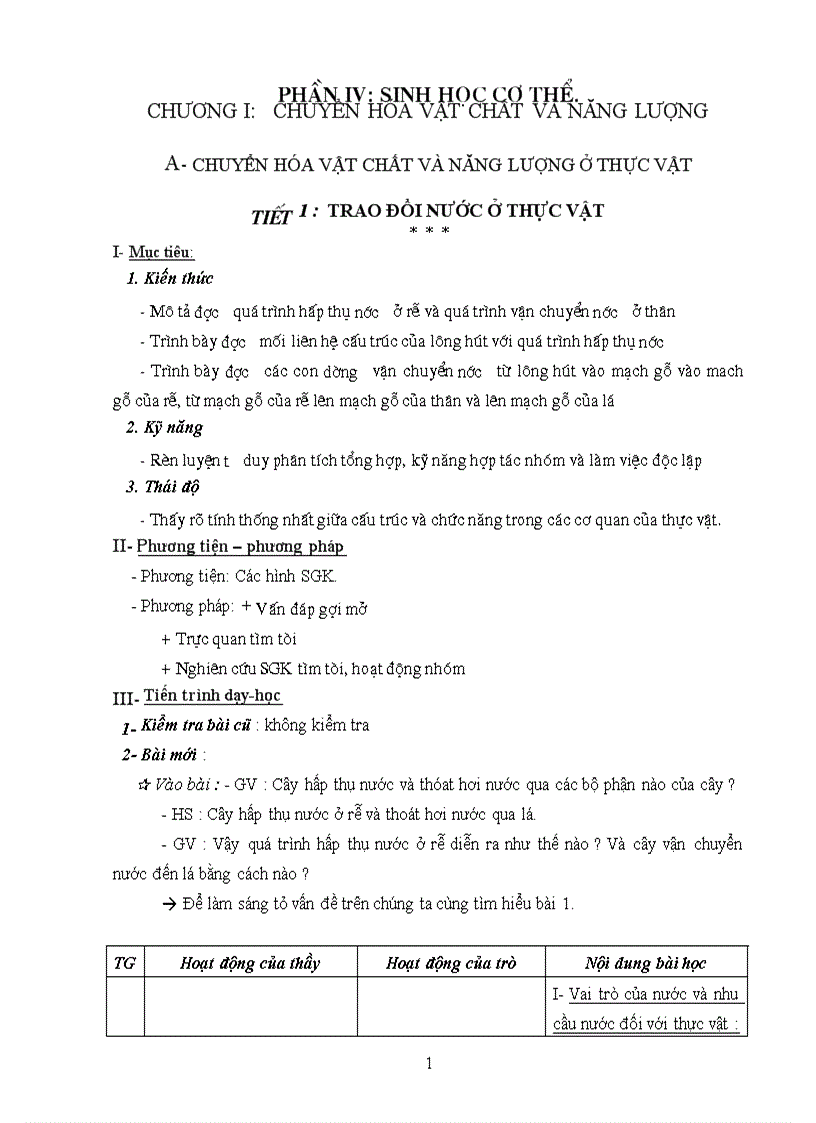 Giáo án đầy đủ môn sinh hoc lớp 11 sách nâng cao