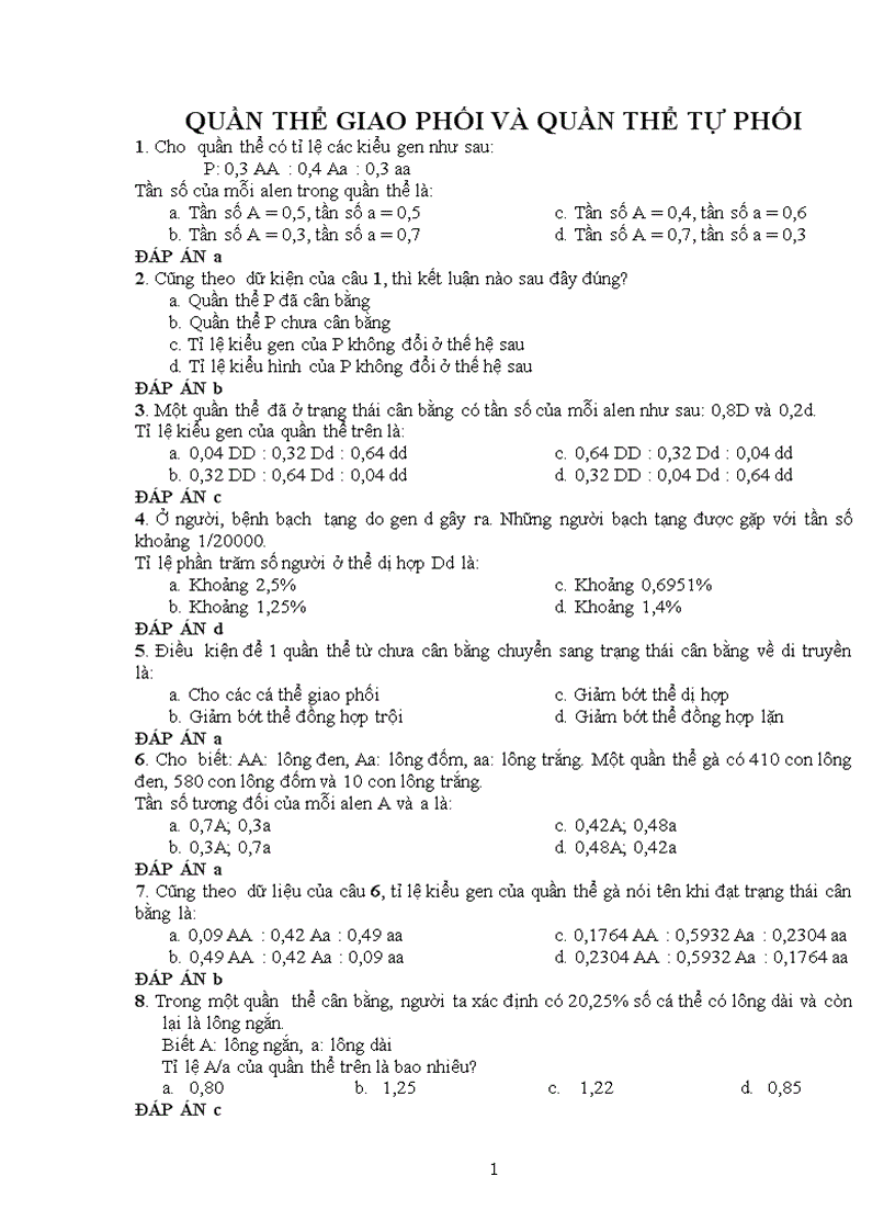 Trắc nghiệm QT giao phối và tự phối Có đáp án