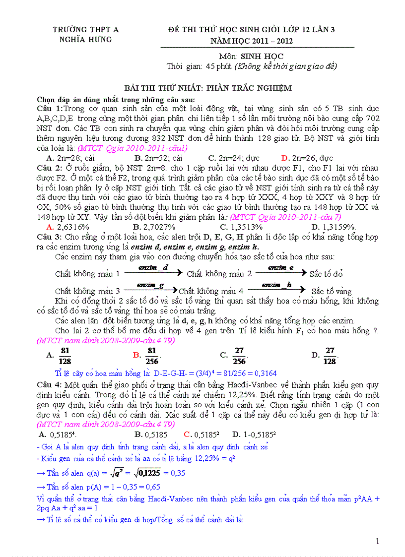 Thi thử HSG lần 3 Sinh 12 Nghĩa Hưng A