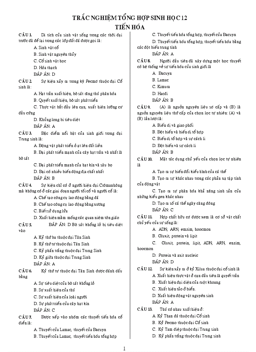 Trắc nghiệm phần tiến hóa 1