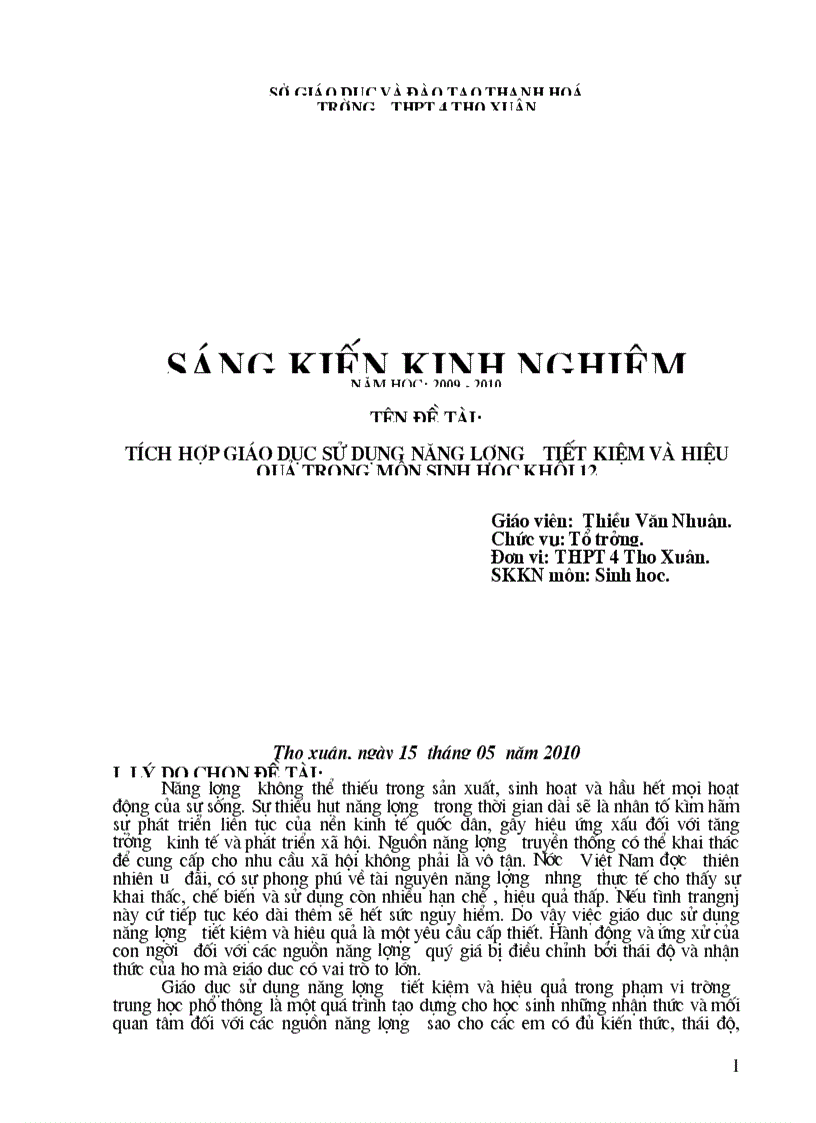Sáng kiến kinh nghiệm sinh 12 năm học 09 10