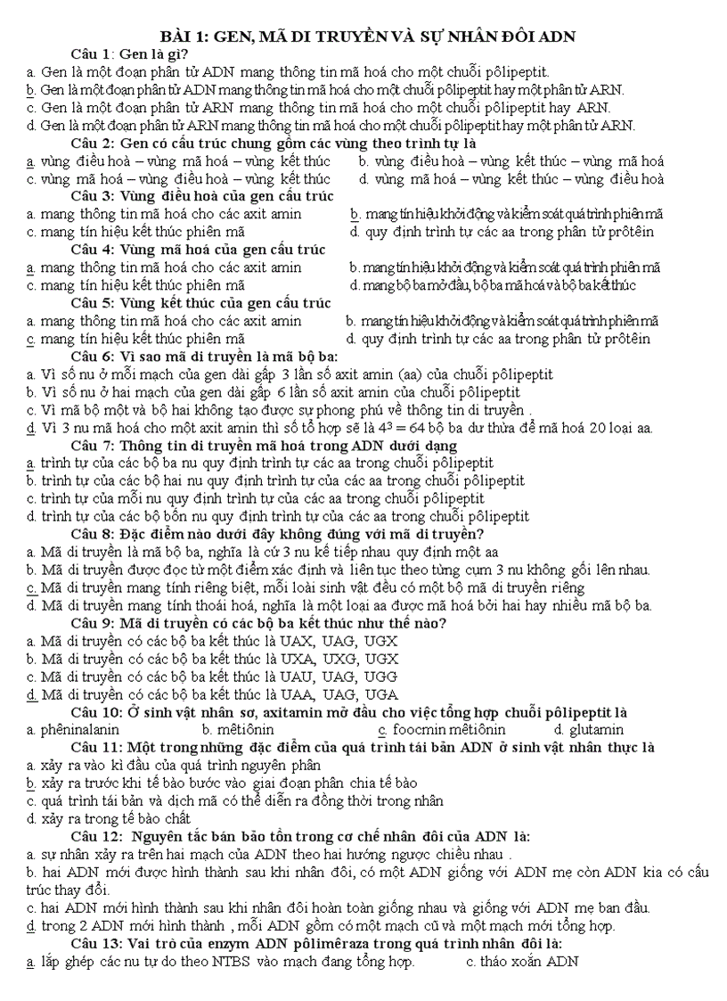 Trac nghiem sinh hoc 12 theo bai