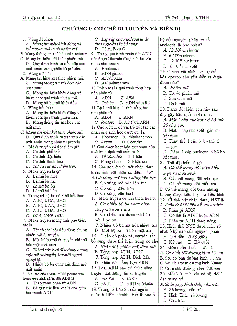 Trắc nghiệm sinh 12 theo chuẩn